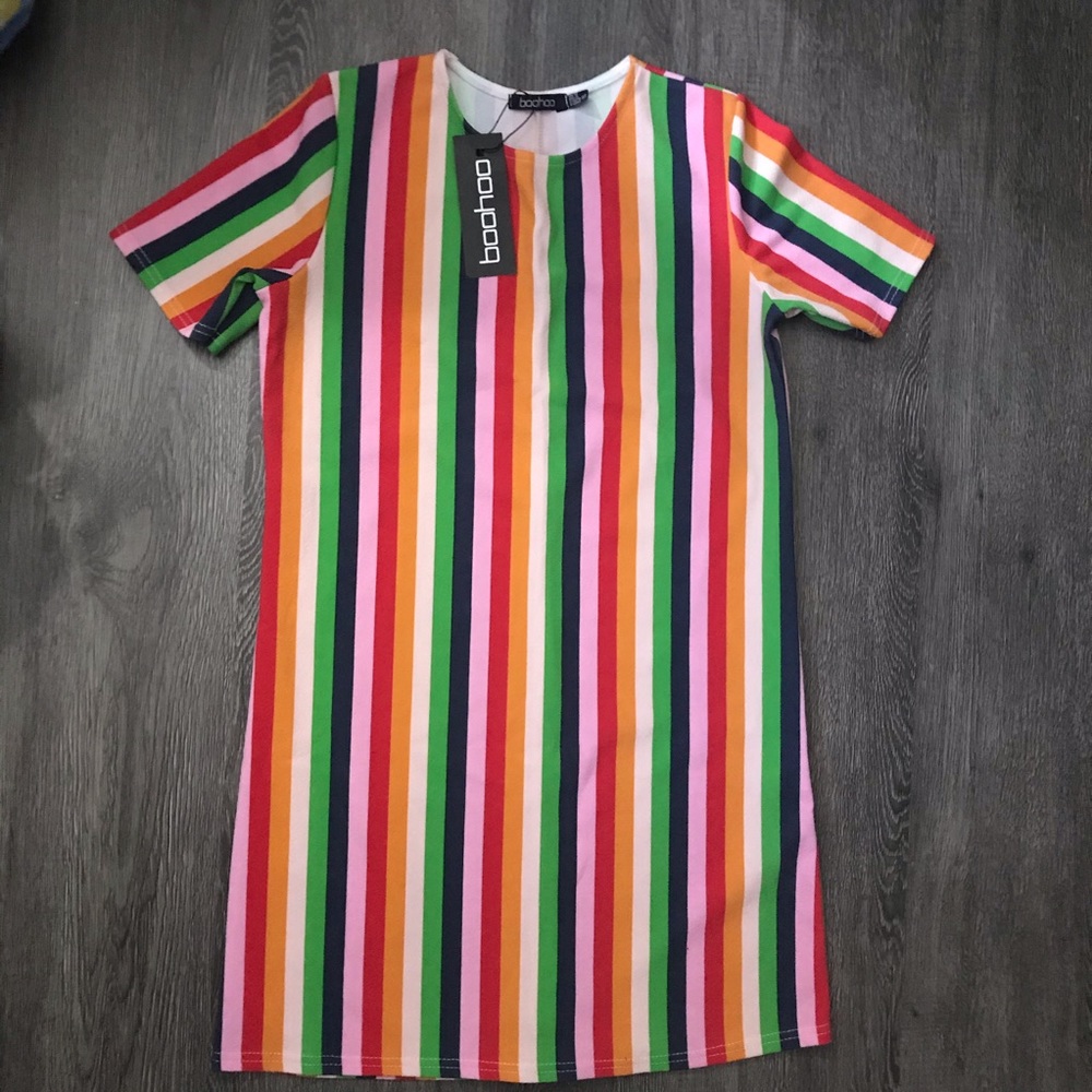 Boohoo Rainbow Striped T-Shirt Dress